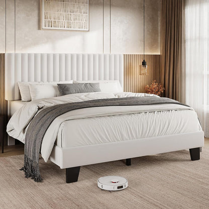 Queen Velvet Bed Frame with Solid Wood Slats White