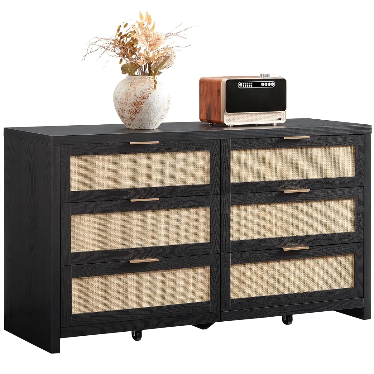 Rattan Dresser for Bedroom, 57" Wide 6 Drawer Dresser with Ample Storage, Wooden Dressers Large Chest of Drawers, Closet, Boho TV Stand for Bedroom (Black Oak, 1 Piece)