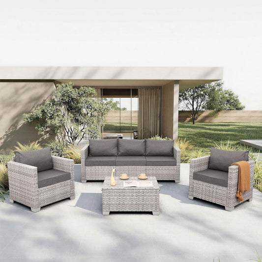 Patio Furniture Set 4 Piece Outdoor Wicker Conversation Sets PE Rattan Couch Sectional Sofa with Storage Table, Grey Cushion
