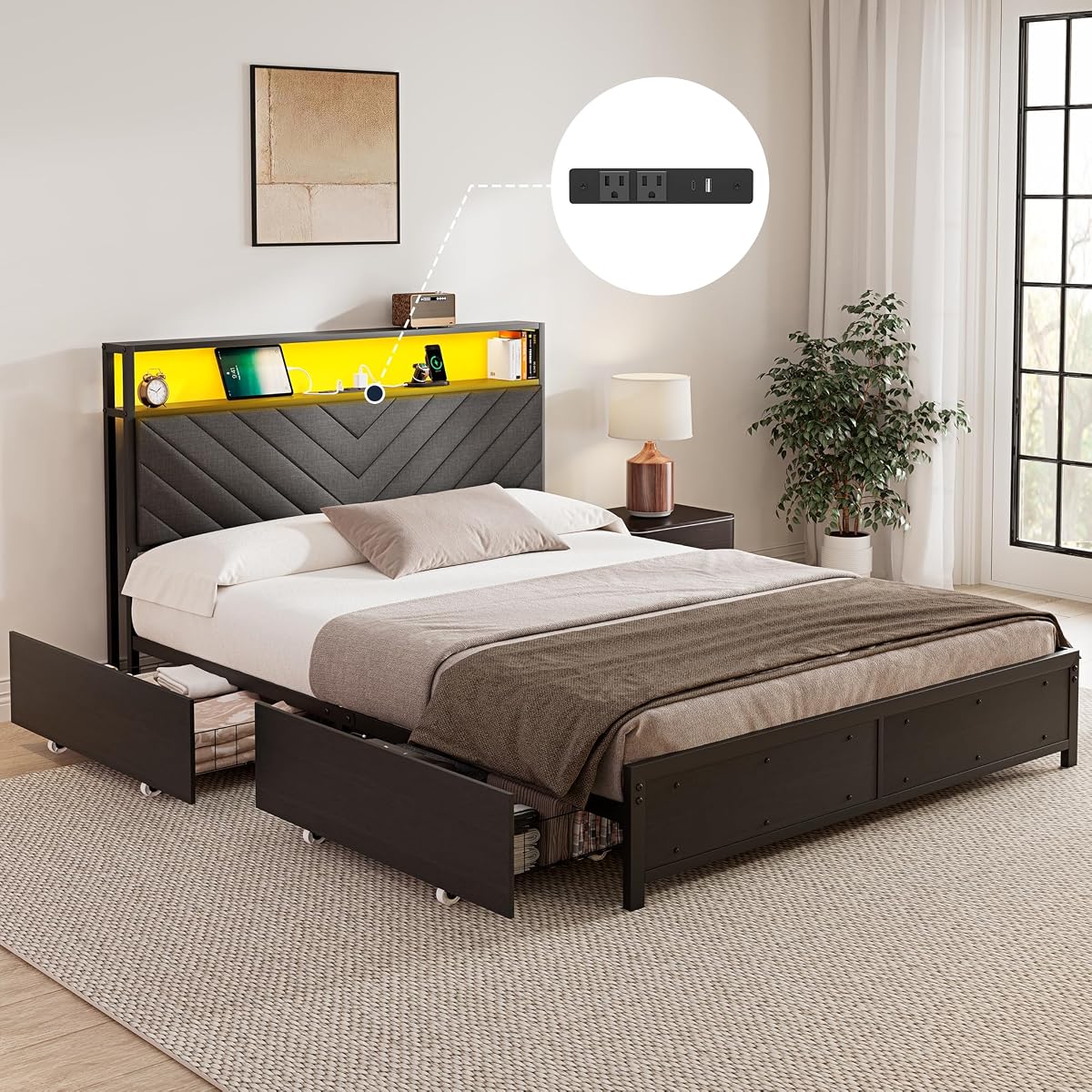 Queen Bed Frame with 4 Storage Drawers, Upholstered Storage Headboard