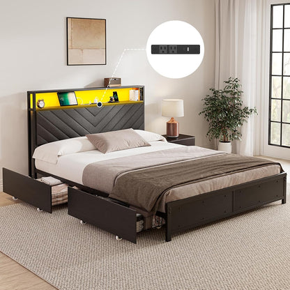 Queen Bed Frame with 4 Storage Drawers, Upholstered Storage Headboard