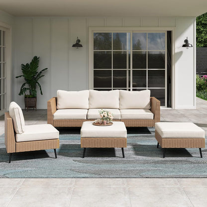 Outdoor Patio Furniture, 6 Piece Outdoor Sectional Sofa PE Rattan Wicker Patio Conversation Sets, All Weather Patio Furniture Set with Thick Cushions for Garden, Backyard(Beige)