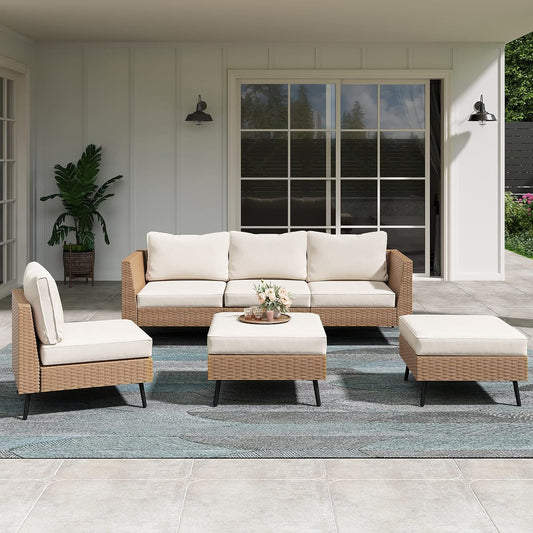 Outdoor Patio Furniture, 6 Piece Outdoor Sectional Sofa PE Rattan Wicker Patio Conversation Sets, All Weather Patio Furniture Set with Thick Cushions for Garden, Backyard(Beige)