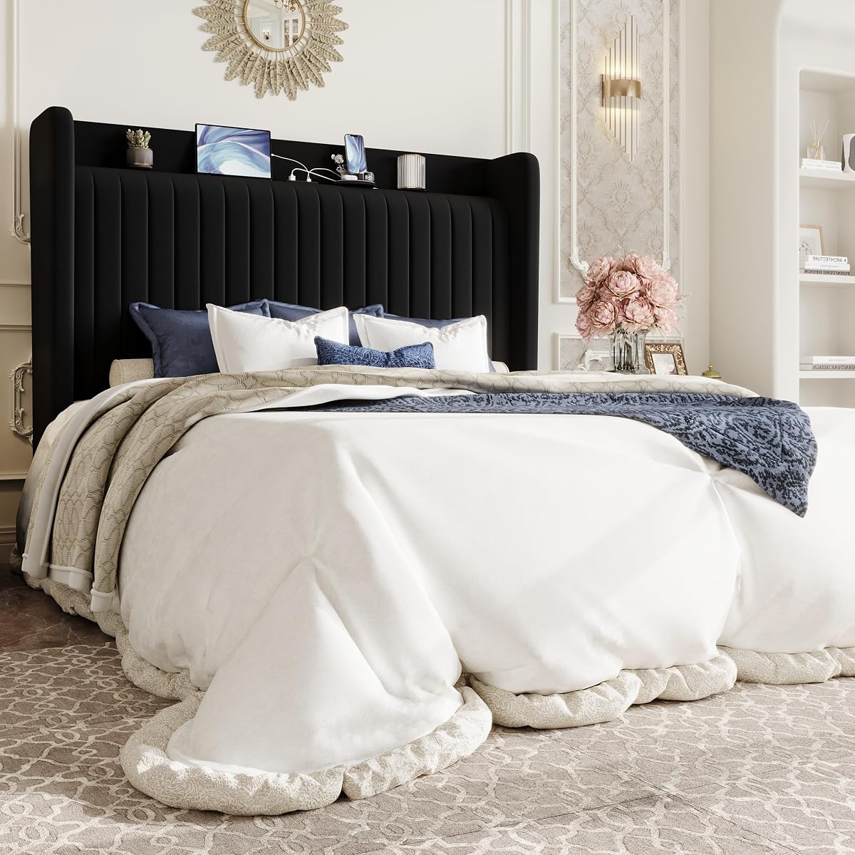 Black Velvet Bed Frame with Charging Station