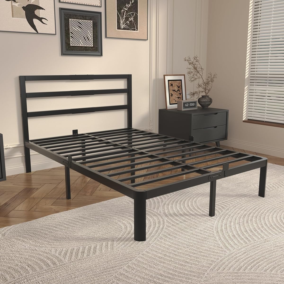 14 Inch Full Bed Frame with Headboard, Black Metal Double Bed Base