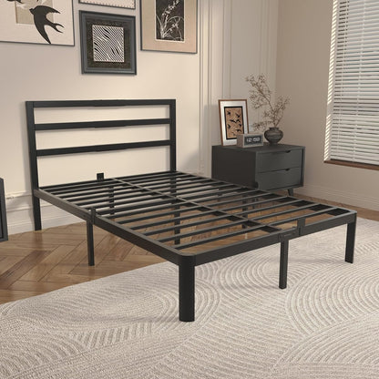 14 Inch Full Bed Frame with Headboard, Black Metal Double Bed Base