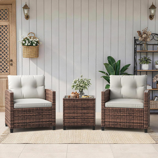 Outdoor Wicker Chairs,3 Pieces Patio Furniture Set,All Weather High Back Rattan Chairs w/Washable Cushion and Tempered Glass Tabletop for Deck Porch Balcony Backyard Garden,Brown & Beige