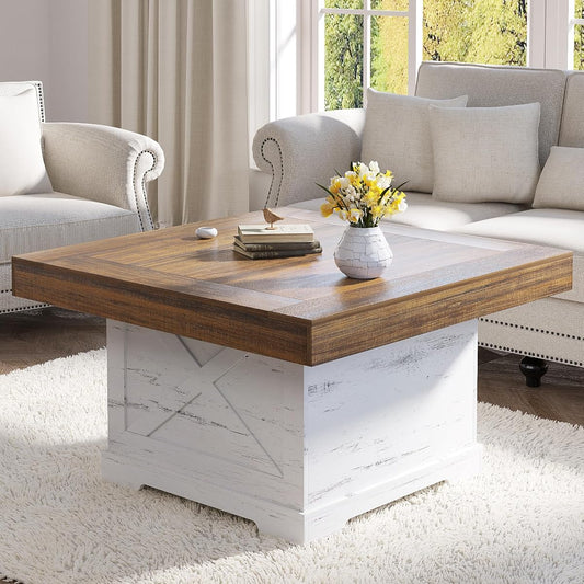 31.5 in Farmhouse Coffee Table for Living Room with X-Design, Square | Rustic Center Table, Small Space, Wooden Pedestal, Home Office Tea Accent Table for Apartment, Easy Assembly, Antique White