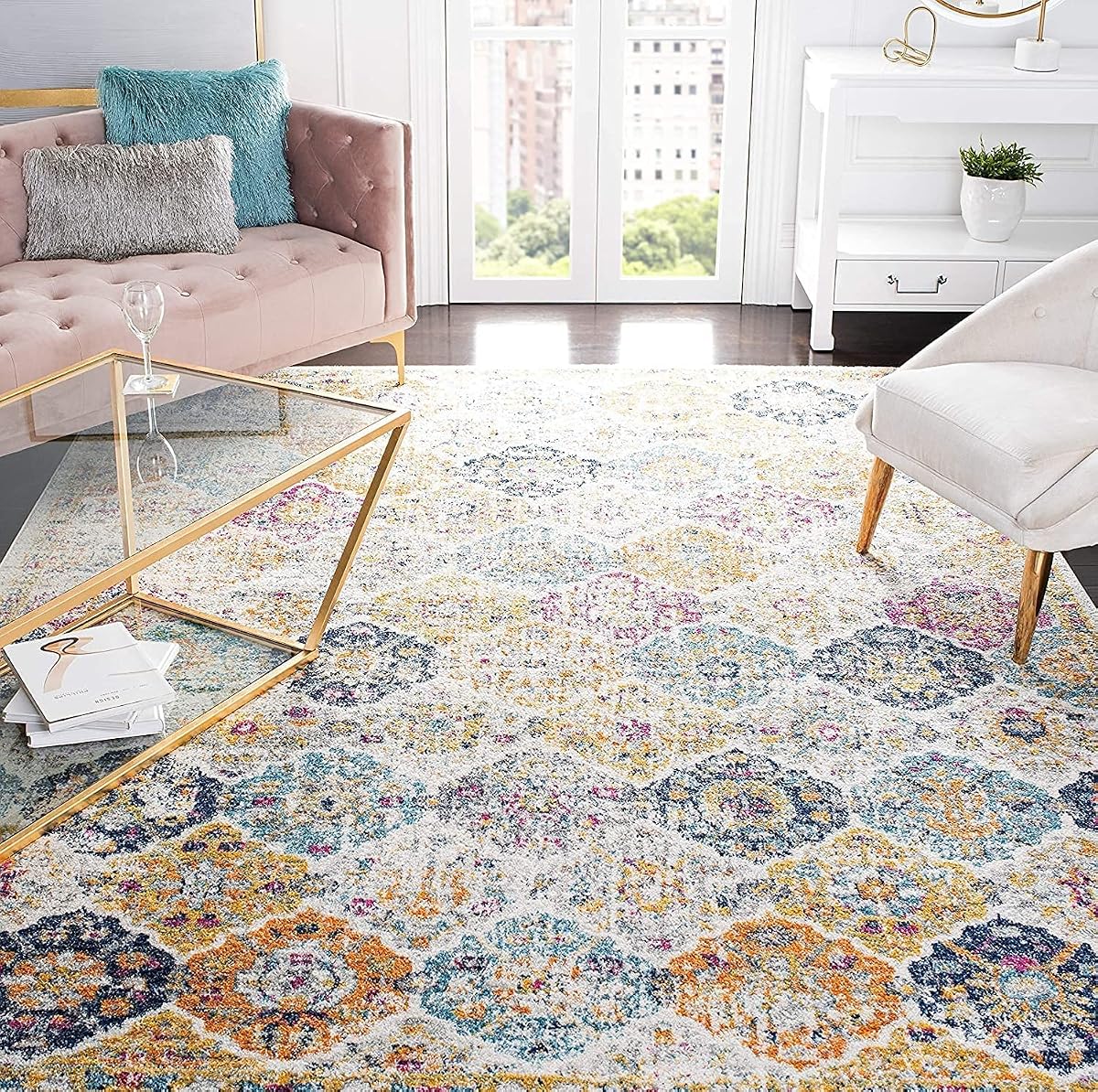 SAFAVIEH Madison Collection Area Rug - 6'7" Square, Cream & Multi, Boho Chic Distressed Design, Non-Shedding & Easy Care, Ideal for High Traffic Areas in Living Room, Bedroom (MAD611B)