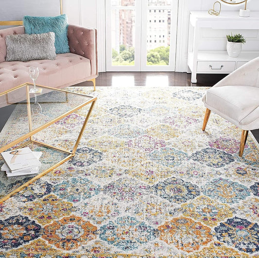 SAFAVIEH Madison Collection Area Rug - 6'7" Square, Cream & Multi, Boho Chic Distressed Design, Non-Shedding & Easy Care, Ideal for High Traffic Areas in Living Room, Bedroom (MAD611B)