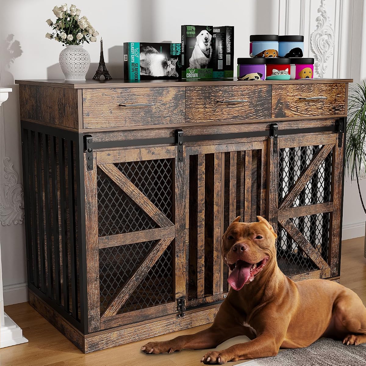 Spacesea Large Dog Crate Furniture with Sliding Barn Door