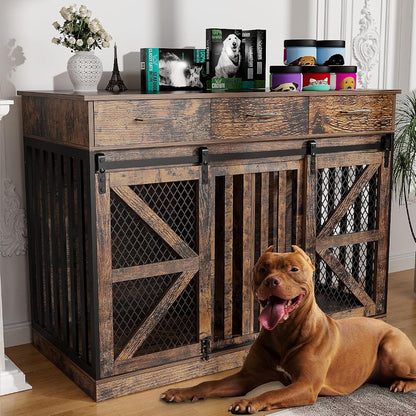 Spacesea Large Dog Crate Furniture with Sliding Barn Door