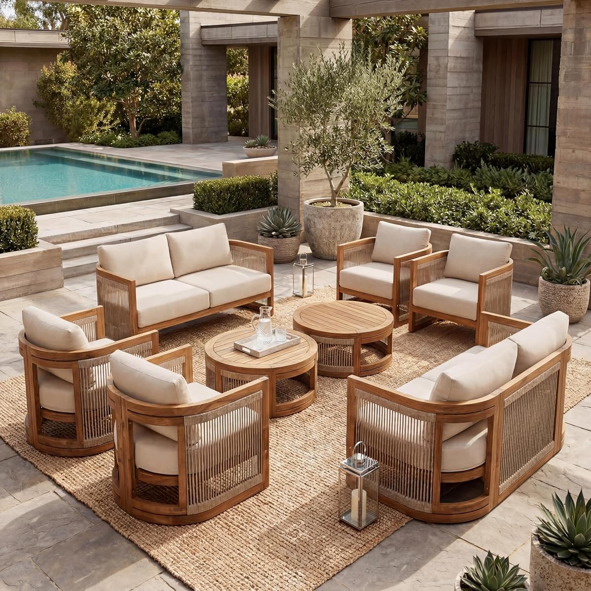 Nesbit 8-Seater Patio Furniture Set with Removable Cushion, 8 Piece Outdoor Acacia Wood Conversation Set, Wooden Outdoor Sectional Sofa Set with Coffee Table, Beige