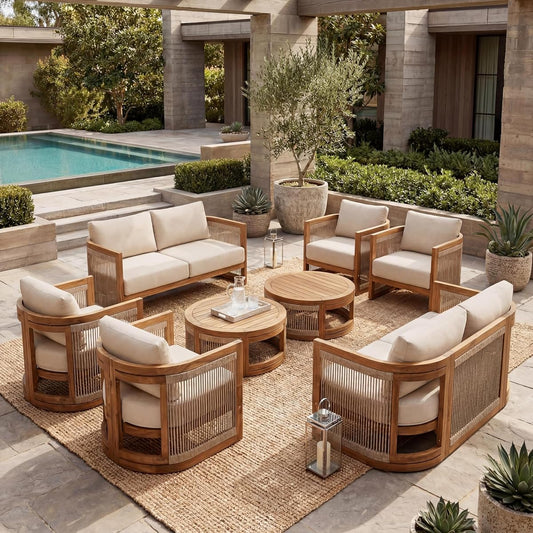 Nesbit 8-Seater Patio Furniture Set with Removable Cushion, 8 Piece Outdoor Acacia Wood Conversation Set, Wooden Outdoor Sectional Sofa Set with Coffee Table, Beige