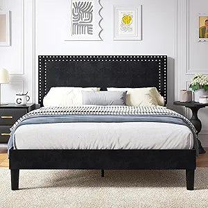 Modern Black Platform Bed with Adjustable Headboard, view 2