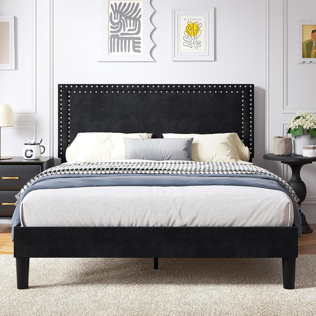 Modern Black Platform Bed with Adjustable Headboard