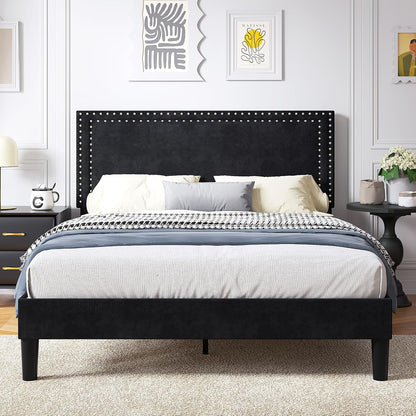 Modern Black Platform Bed with Adjustable Headboard