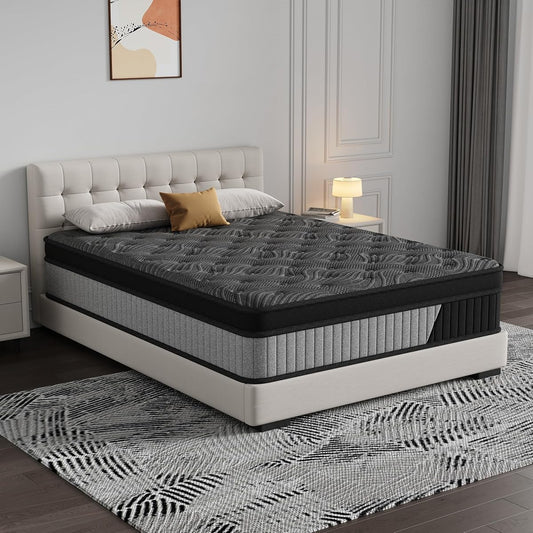 Full Size 12 Inch Hybrid Mattress in a Box. Medium Firm Black and Gray Fabric