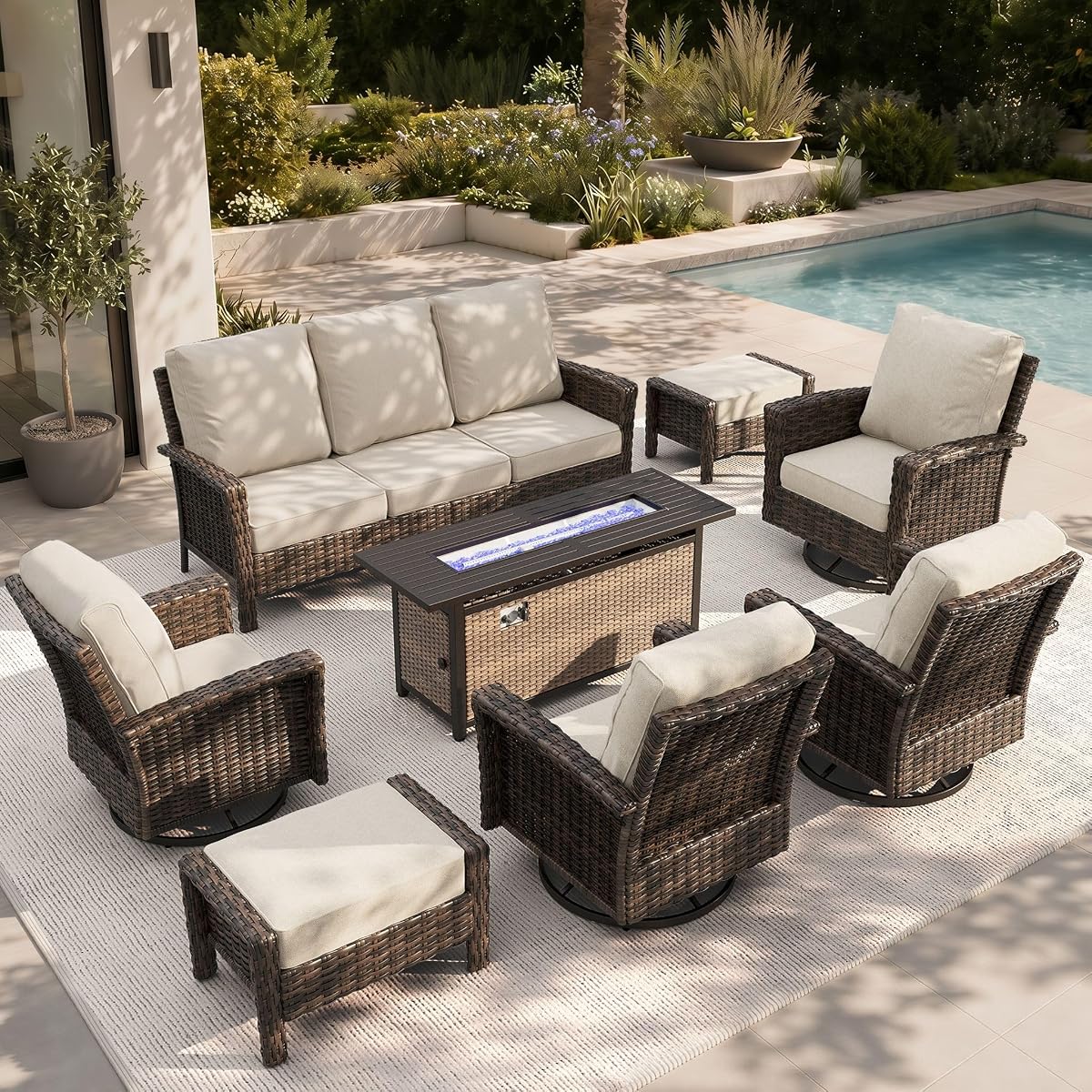 8-Piece Patio Furniture Set with Outdoor Swivel Chairs & Fire Pit Table, High Back Wicker Conversation Sets with 5.5" Thick Cushions, All-Weather Deep Seating Sofa with Ottomans, Beige