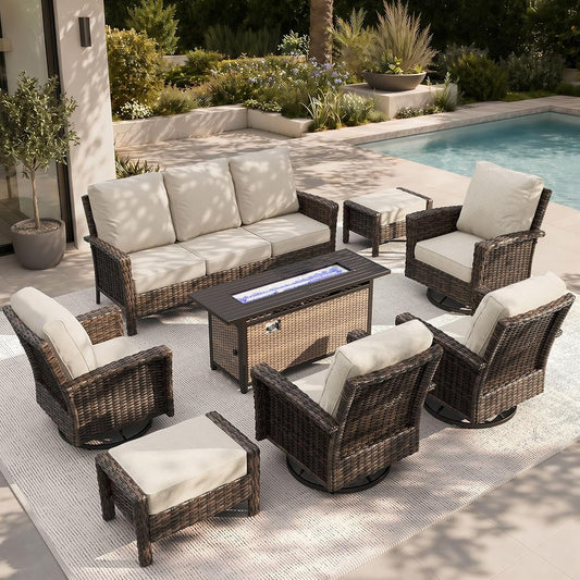 8-Piece Patio Furniture Set with Outdoor Swivel Chairs & Fire Pit Table, High Back Wicker Conversation Sets with 5.5" Thick Cushions, All-Weather Deep Seating Sofa with Ottomans, Beige