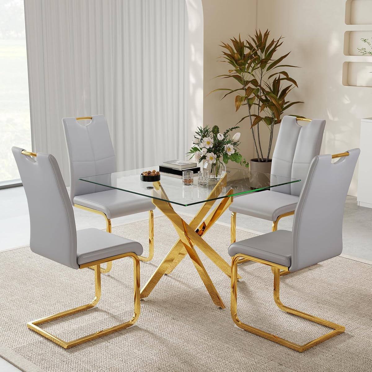 36-Inch Square Glass Dining Table Set with 4 Faux Leather High-Back Chairs - Modern Metal Cross-Leg Table with Comfortable C-Leg Seats for Modern Home Decor(Gray&Gold)