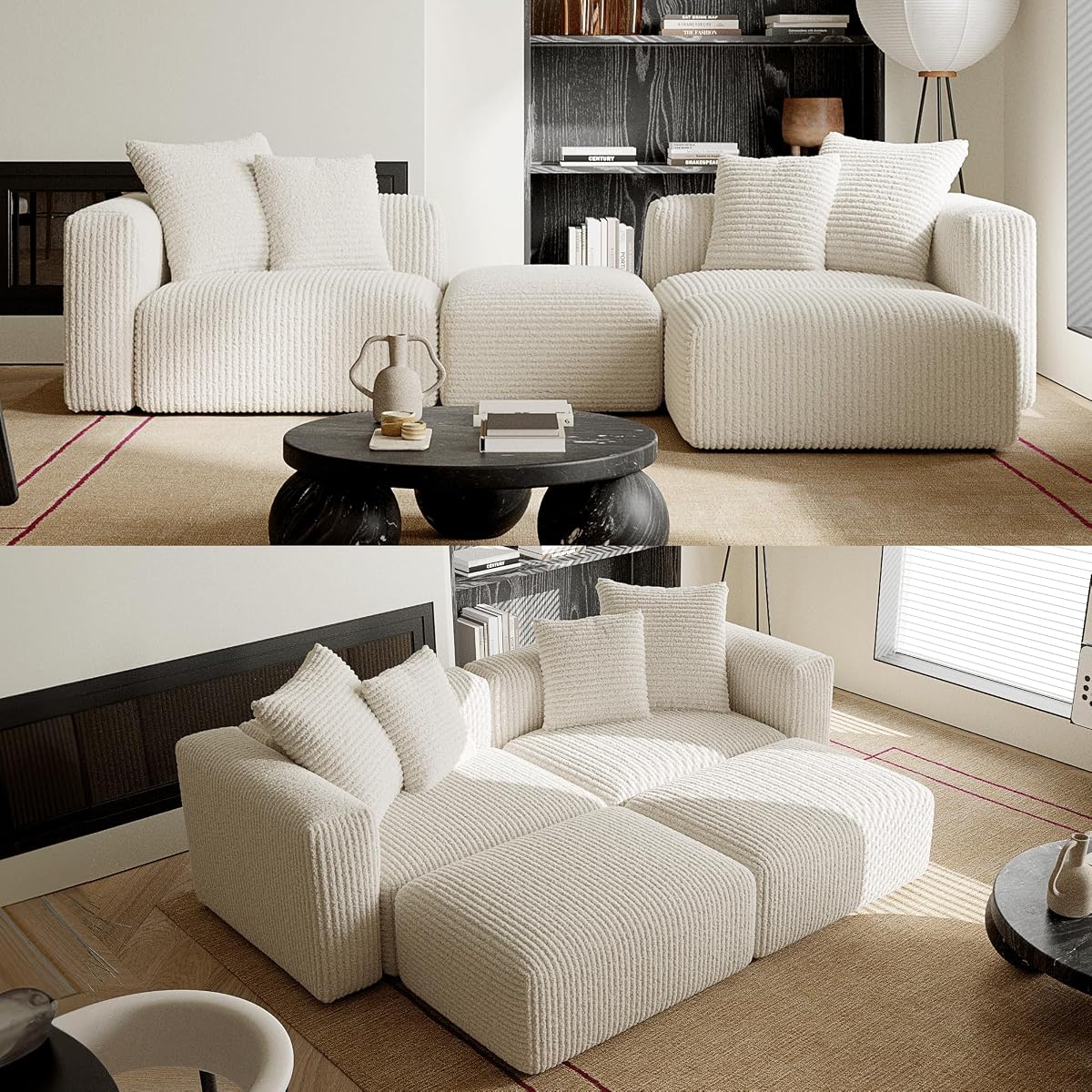 Convertible Modular Sectional Sofa with Ottoman, Sleeper Bed, White | Corduroy Couch, Wood Frame, Free Combination, DayBed, for Living Room Small Space Apartment