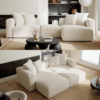 Convertible Modular Sectional Sofa with Ottoman, Sleeper Bed, White | Corduroy Couch, Wood Frame, Free Combination, DayBed, for Living Room Small Space Apartment
