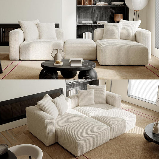 Convertible Modular Sectional Sofa with Ottoman, Sleeper Bed, White | Corduroy Couch, Wood Frame, Free Combination, DayBed, for Living Room Small Space Apartment