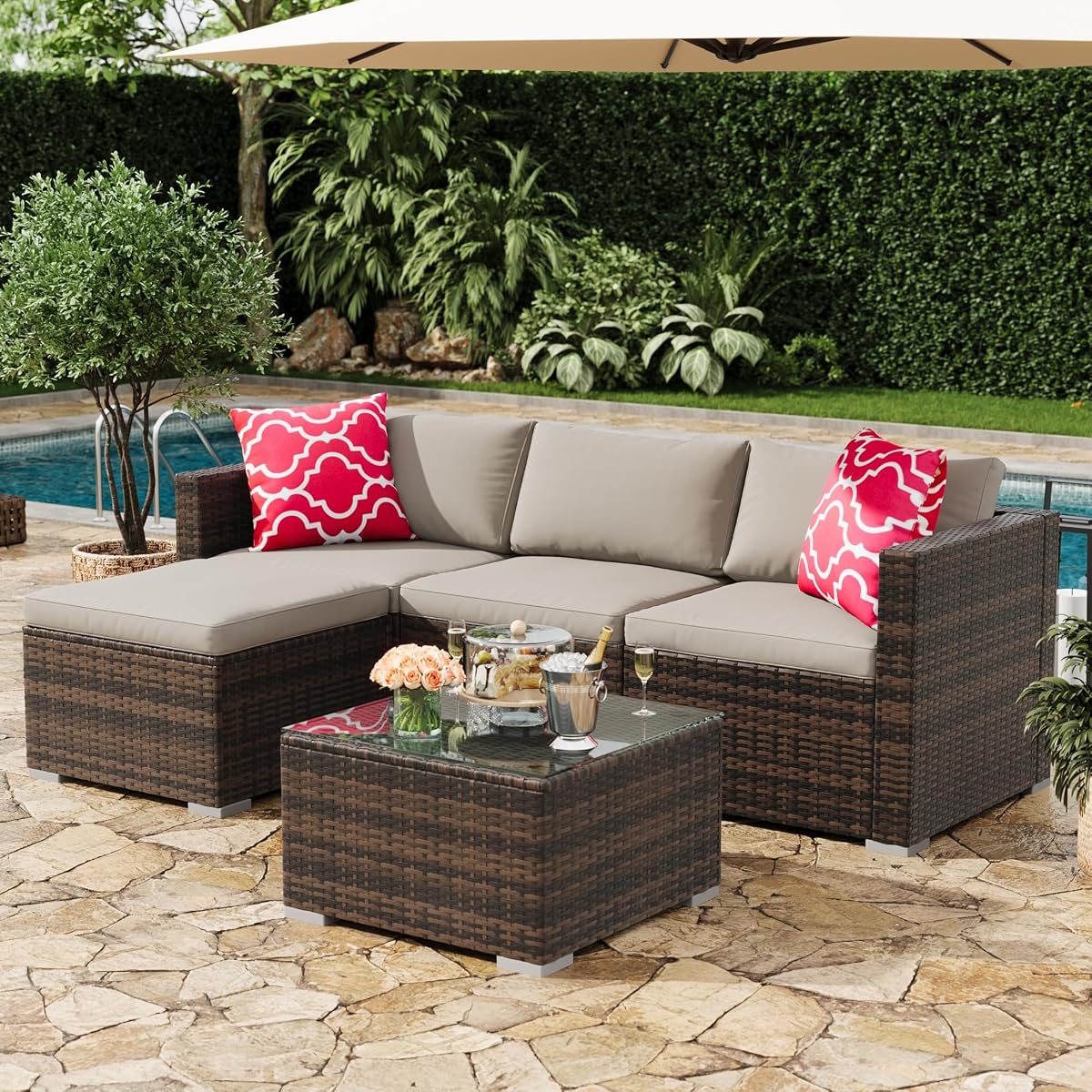 5-Piece Outdoor Sectional Sofa Set, All-Weather PE Rattan Patio Furniture with Ottoman & Tempered Glass Table, Convertible Garden Couch for Backyard, Porch, Poolside (Brown/Light Gray)