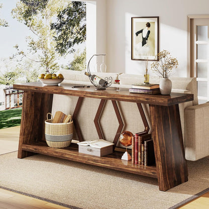 Tribesigns 70.86-Inch Farmhouse Console Table, Industrial Narrow Long Sofa Entryway Table with Storage, 2-Tier Wood Couch Foyer Accent Table for Living Room, Hallway, Entrance (Brown)
