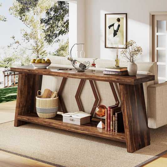 Tribesigns 70.86-Inch Farmhouse Console Table, Industrial Narrow Long Sofa Entryway Table with Storage, 2-Tier Wood Couch Foyer Accent Table for Living Room, Hallway, Entrance (Brown)