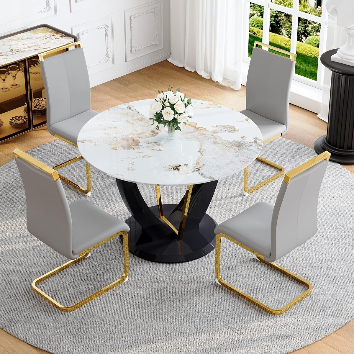 Round Faux Marble Dining Table Set for 4, Modern 42" Temepred Glass Tabletop with Black Glossy Pedestal, 5 Piece Circle Kitchen Table Set with 4 Upholstered Chairs