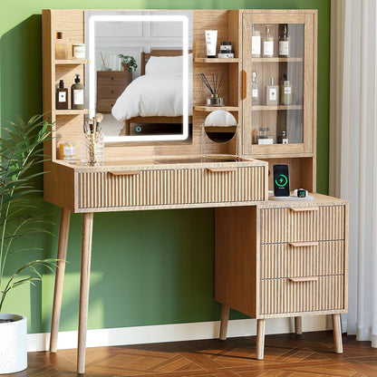 Fluted Makeup Vanity with Mirror and Lights