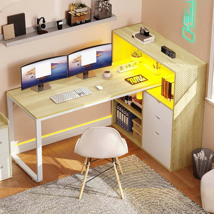 55" L Shaped Corner Computer Desk with Drawers & Power, White Oak
