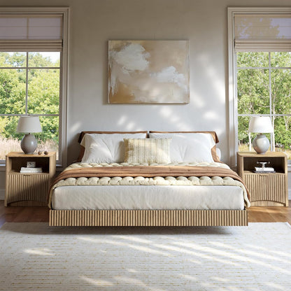 Bedroom Furniture Set-Bed with 2 Nightstands, Mid Century Modern Bedroom Set, Floating Bed Frame Led Lights, Fluted Floating Room Furnitures, 3-Piece Room Set (Nbh, Queen)
