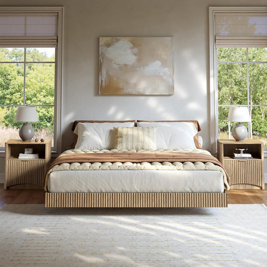 Bedroom Furniture Set-Bed with 2 Nightstands, Mid Century Modern Bedroom Set, Floating Bed Frame Led Lights, Fluted Floating Room Furnitures, 3-Piece Room Set (Nbh, Queen)