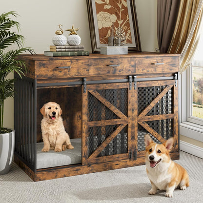 48 Inch Large Dog Crate Furniture with 3 Storage Drawers, Wooden Pet Kennel with Removable Divider, Dog Kennel End Table TV Stand, Farmhouse Style Dog Crates with Sliding Barn Door (Brown)