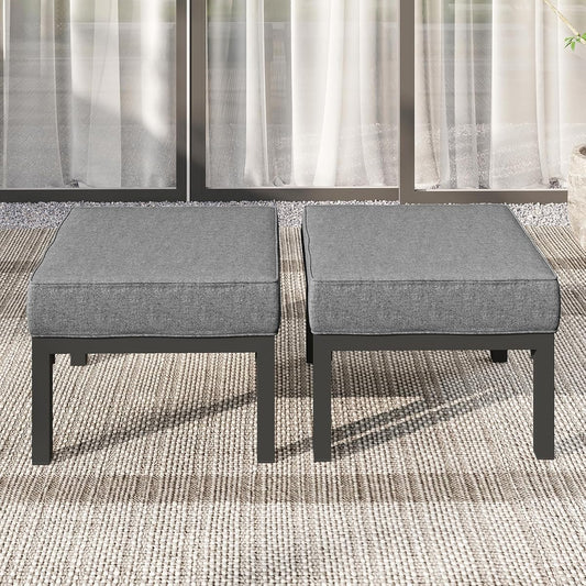Outdoor Footstools Patio Ottoman Set of 2, Aluminum All-Weather Outdoor Footrest Seat with Removable Cushions, Patio Furniture Ottomans for Garden, Backyard, Poolside-Gray