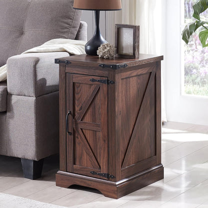Nightstand with Charging Station, Rectangular Farmhouse End Table with Barn Door and Adjustable Storage Shelf, 17" Deep Wood Rustic Sofa Side Table for Living Room, Bedroom, Brown