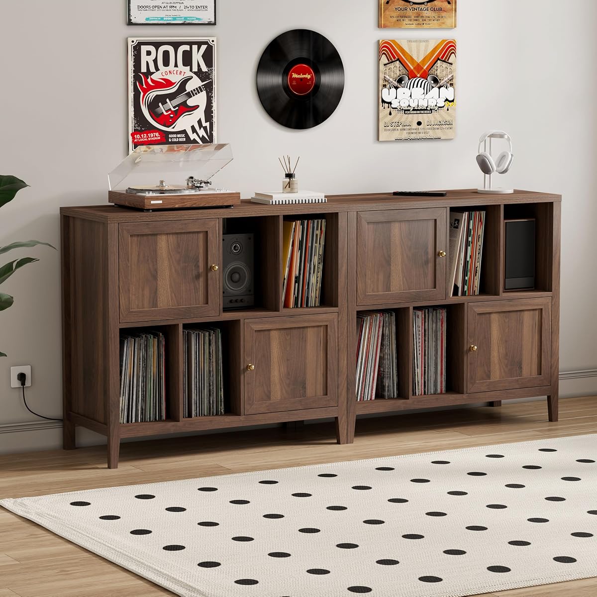 Record Player Stands Set of 2, Modern Vinyl Media Cabinet, Brown