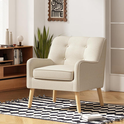 Felicity Mid-Century Modern Fabric Upholstered Accent Chair, Wooden Living Room Club Chair, Bedroom Comfy Reading Chair, Beige