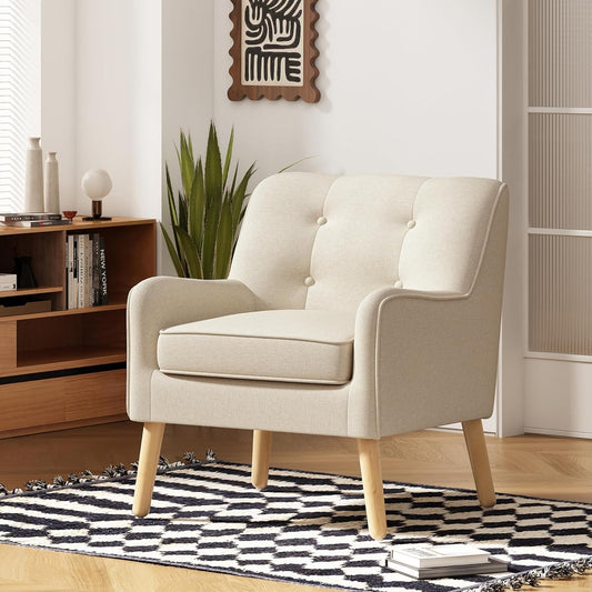 Felicity Mid-Century Modern Fabric Upholstered Accent Chair, Wooden Living Room Club Chair, Bedroom Comfy Reading Chair, Beige