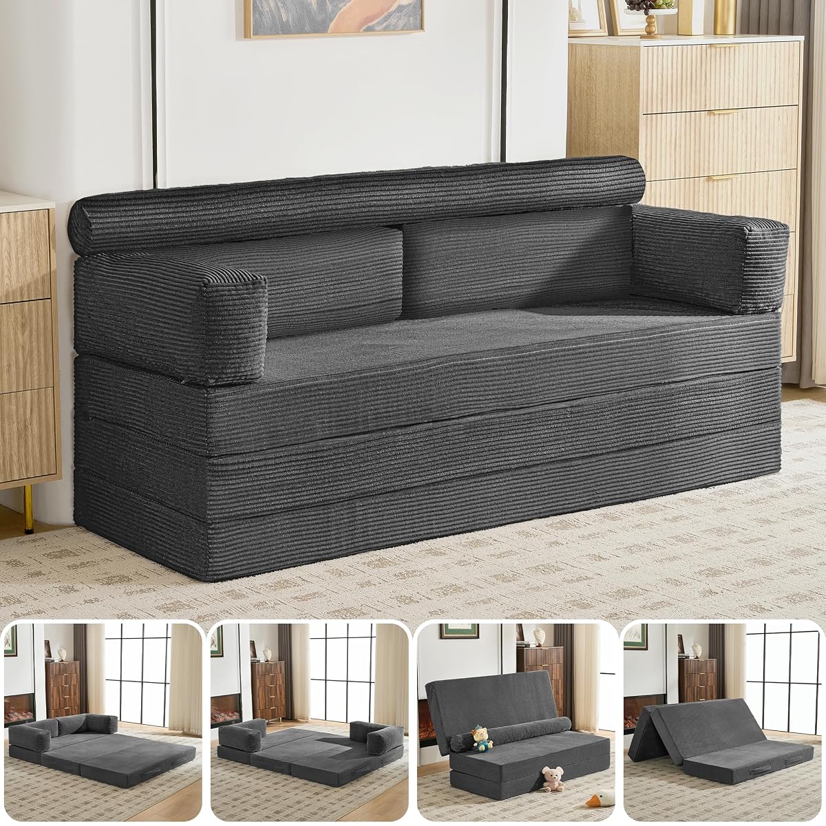 5-in-1 Convertible Sofa Bed, 78" Boneless Couch Tri Folding Mattress with Removable L-Shaped Armrests, Corduroy Futon Couch Sleeper with Pull Out Bed for Living Room Bedroom Apartment, Grey