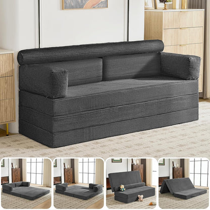5-in-1 Convertible Sofa Bed, 78" Boneless Couch Tri Folding Mattress with Removable L-Shaped Armrests, Corduroy Futon Couch Sleeper with Pull Out Bed for Living Room Bedroom Apartment, Grey
