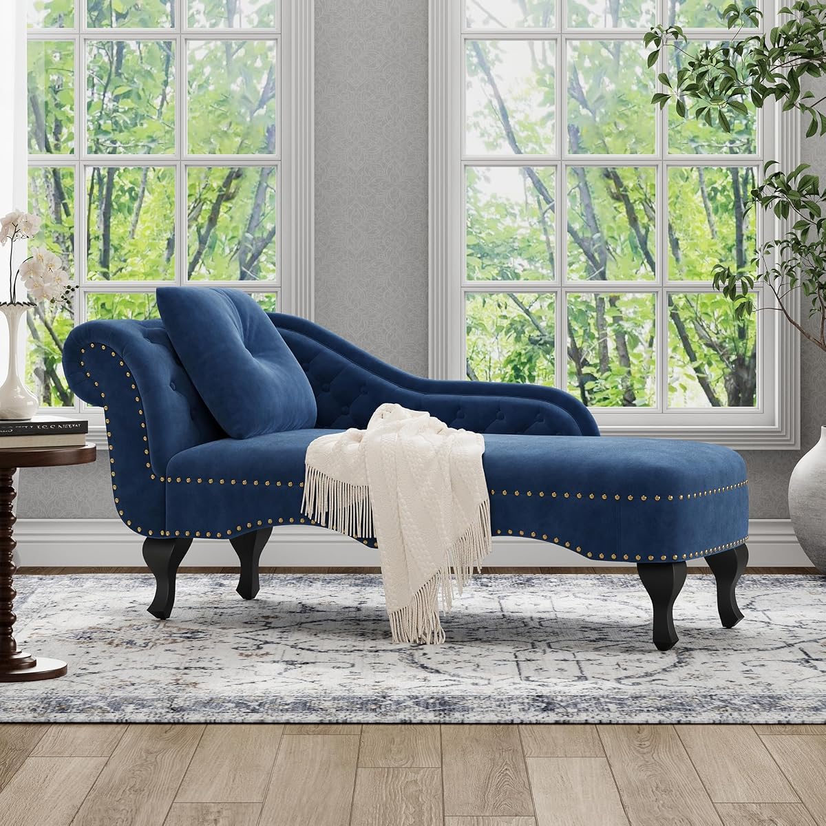 62'' Velvet Chaise Lounge Indoor with 1 Pillow and Nailhead Trim