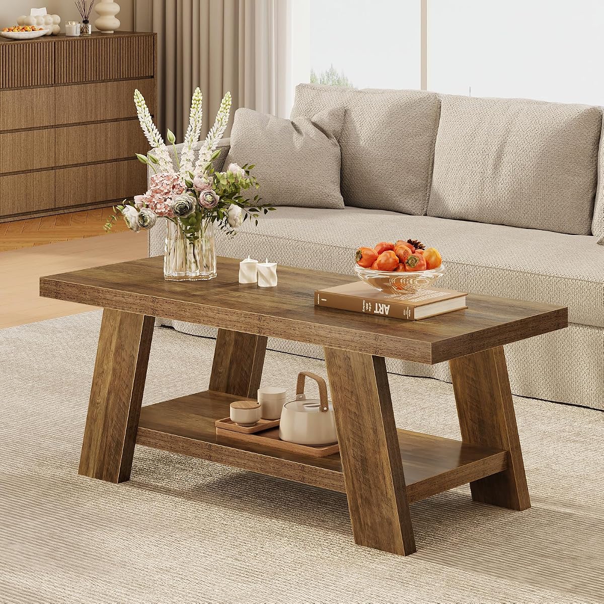 47.24" Coffee Table for Living Room, Farmhouse Wooden Coffee Table with Storage, Rectangle Rustic Accent Center Table with for Home Apartment Office, Retro Brown