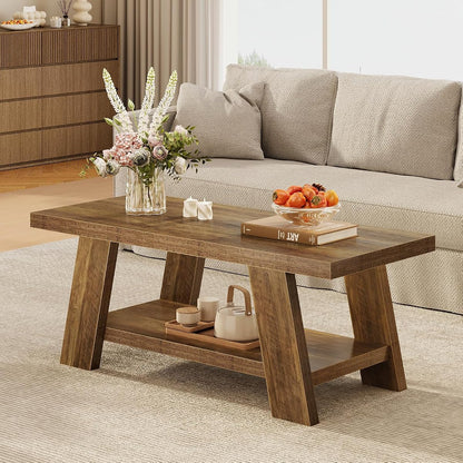 47.24" Coffee Table for Living Room, Farmhouse Wooden Coffee Table with Storage, Rectangle Rustic Accent Center Table with for Home Apartment Office, Retro Brown