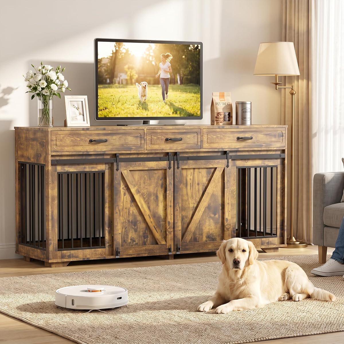 71" Double Dog Crate Furniture with 3 Drawers