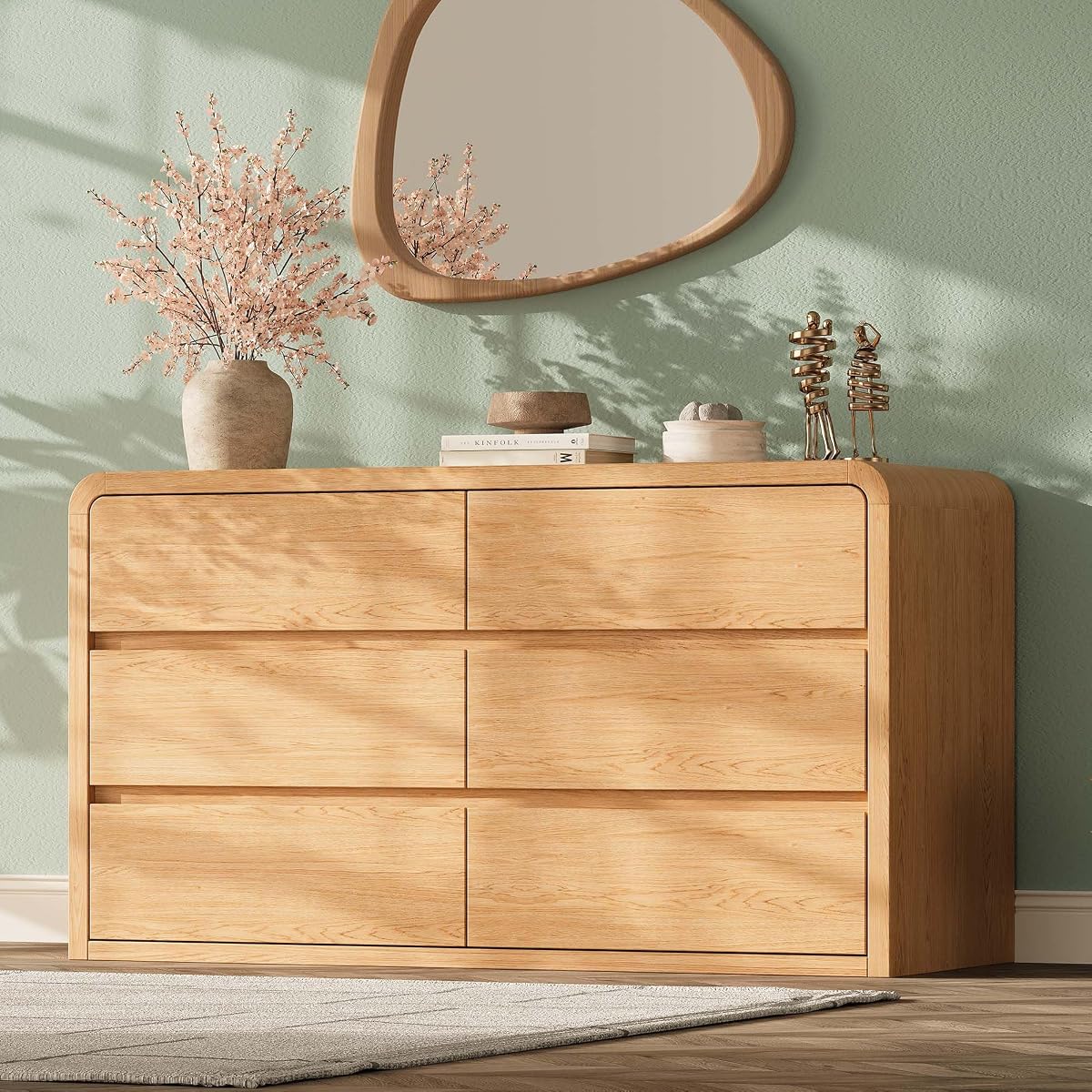 Modern 54" Wide 6 Drawers Dresser with Curved Profile Design,Oak