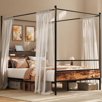 Canopy Bed Frame Queen with Storage Headboard & Charging Station